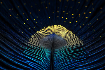 Poster - Peacock feather's art: The stunning detail and vibrant colors of a peacock feather, showcasing its iridescent beauty and intricate patterns in a captivating artistic view.