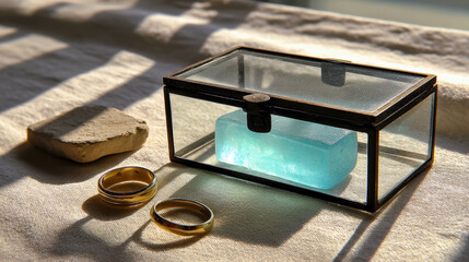 Poster - Elegant jade jewelry displayed beautifully in a glass box, showcasing artful minimalism