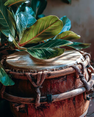 Poster - Reggae drum surrounded by tropical leaves creates a serene musical atmosphere