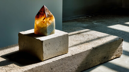 Aufkleber - Elegant rough jade crystal on minimalist plinth with shadows against a pale grey background