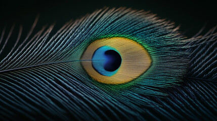 Poster - Intricate Peacock Feather: A macro shot of a peacock feather, highlighting its intricate details, mesmerizing patterns and iridescent colors.