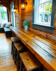 Poster - Rustic bar table inviting warm gatherings in a cozy wooden interior space