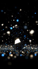 Poster - Glowing white geometric shape floating among scattered blue and gold particles against dark background, creating magical atmosphere with bokeh light effects.
