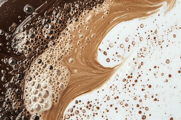 Poster - Abstract liquid art background with swirling brown and white colors, coffee foam texture with bubbles and splashes creating dynamic fluid pattern.