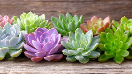 Poster - Caring for vibrant succulents in a natural arrangement on rustic wooden surface