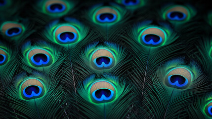 Poster - Emerald Elegance: An up-close view of a peacock's iridescent feathers, each intricate eye-spot shimmering with a spectrum of emerald and sapphire hues. Experience the opulence of nature's artistry.