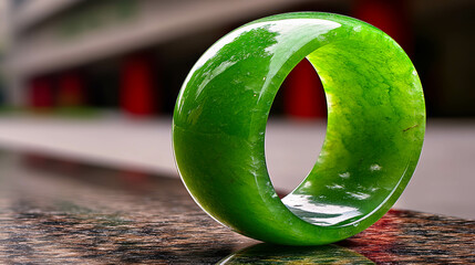 Poster - Close up of a jade ring reflecting beautifully on a mirror surface with an abstract background