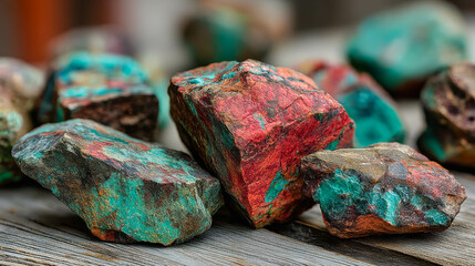 Poster - Beautiful copper-rich stones displaying vibrant hues of turquoise and red on a rustic wooden surface
