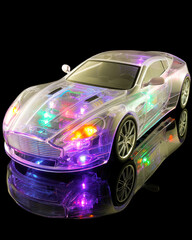 Poster - Futuristic car design in clear plastic with bright LED lights in a dark setting