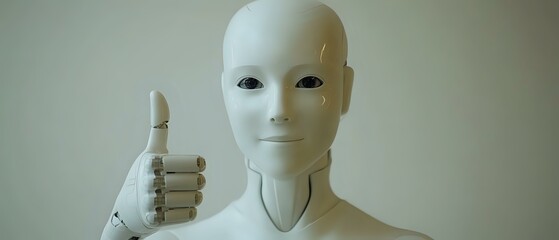 Poster - White humanoid robot giving thumbs up gesture against neutral background, showing positive artificial intelligence interaction and future technology concept.