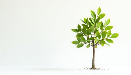 Small tree against stark white, showcasing delicate leaves and branches , photography, detail, green