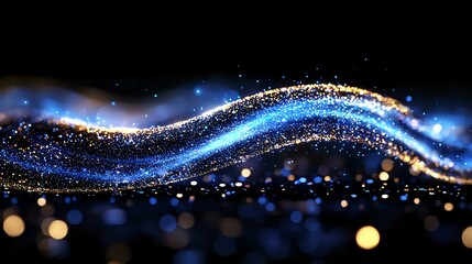 Poster - Magical glowing wave with sparkles and bokeh effects on black background. Blue and gold light streams flow with glitter particles creating ethereal motion.