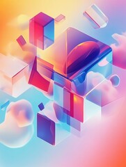 Leinwandbilder - Digital abstract background featuring floating geometric elements reflecting work-from-home themes with soft gradients and futuristic tech vibes