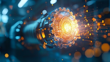 Poster - Glowing digital portal with orange light rays and particles emerging from futuristic circular gateway on dark blue background with bokeh effect.