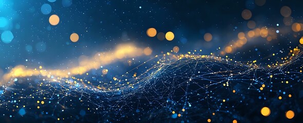 Aufkleber - abstract network wave with glowing particles and bokeh lights on dark blue background. digital techn
