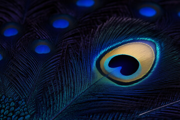 Poster - Peacock Feather's Colorful Eye: A captivating close-up view showcases the exquisite detail of a peacock feather. The intricate pattern, dominated by an eye-like design, radiates with iridescent hues.