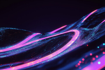 Poster - Neon Data Stream: A visually stunning display of abstract digital art, where luminous lines and particles weave across a dark backdrop, evoking a sense of modern technology and connectivity.