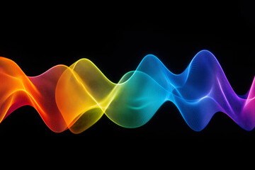 Poster - Rainbow Wave: A vibrant and mesmerizing display of abstract flowing waves in a spectrum of rainbow hues, perfectly set against a stark black backdrop. Ideal for design, backgrounds.