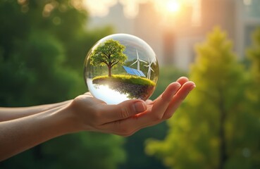 hand holds globe with green tree, wind turbines, solar panels. clean energy eco tech symbol, carbon 