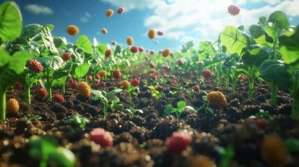 A dynamic view of microorganisms working in soil, releasing nutrients that feed growing crops in a lush field setting.