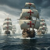 Artistic representation of Portuguese ships sailing at sea during the Age of Navigation