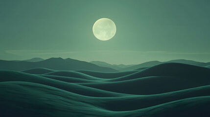 Wall Mural - Moonlit Desert Waves: A serene, surreal scene of rolling desert dunes illuminated by the ethereal glow of a full moon, creating a landscape of tranquility and mystique.
