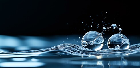 Poster - Transparent water drops bouncing on rippling liquid surface with splashes against dark background, macro photography capturing fluid dynamics in blue tones.
