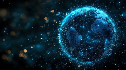 Poster - Glowing blue planet Earth surrounded by luminous particle network and light effects against dark space background with bokeh elements.