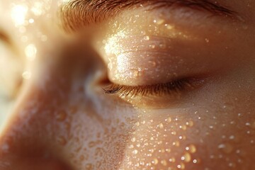 Aufkleber - Close-up of healthy glowing skin highlighted with moisture droplets in soft golden light focusing on skincare concept for radiant appearance