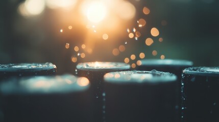 Wall Mural - water drops on dark surface at sunset