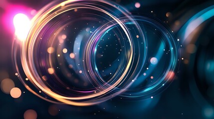 Poster - Glowing neon rings with light effects on dark background, abstract circular motion trails with bokeh and sparkles in blue and golden colors create futuristic atmosphere.