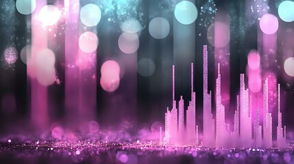 Poster - Glowing pink cityscape silhouette against dark sky with bokeh lights and sparkles creates dreamy urban nightscape atmosphere. Perfect for modern wall art and design projects.