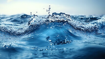 Poster - Ocean wave with crystal clear water splashing and creating dynamic motion in deep blue sea, macro photography capturing water drops and ripples in natural sunlight.