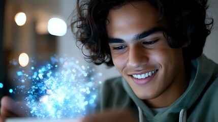Poster - young hispanic man with curly hair smiling while looking at glowing blue magical light effect emergi