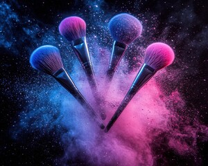 Wall Mural - celestial dance of makeup powder: colliding brushes create cosmic light in pink and blue against a b