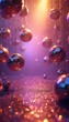© Vadym - Disco balls background, purple and gold lighting. Glittering disco balls hanging. Party atmosphere. Glam, nightlife, celebration, club event. Retro style backdrop, 70s 80s 90s vibe for parties.
