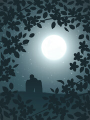 Sticker - Lovers sit on hill. Full moon at night. Frame of leaves and flowers