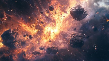 a cosmic explosion with asteroids and bright light in a nebula filled with dust and gas clouds