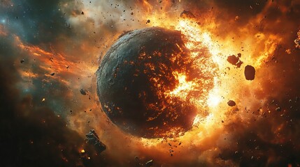 Wall Mural - Planet explosion with fire and debris scattered around in a chaotic space environment scene