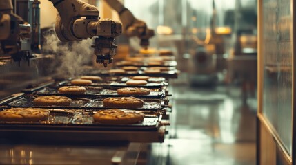 Poster - Robotic arms handling baking trays in synchronized motion inside sterile bakery setup.