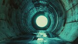 View down a teal metal tunnel with a bright light at the end and a wet floor in the foreground