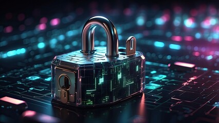 A digital futuristic representation of cybersecurity showcasing a black padlock at the center