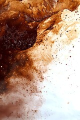Poster - Abstract brown and white liquid splash with coffee texture and droplets creating dynamic flowing pattern against light background. Suitable for food industry designs.