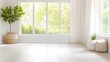 © bambang - A bright room features a large window showcasing a sunlit garden. A ficus tree in a woven basket and small potted plants near sheer white curtains add detail. The hardwood floors reflect natural ligh
