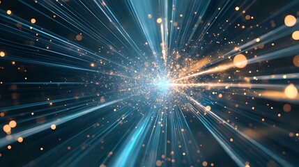Poster - Explosive light burst with radiating blue rays and glowing orange particles creating dynamic motion effect against dark background. Cosmic energy concept.