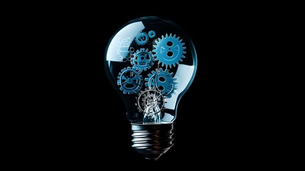 Poster - Glowing lightbulb with mechanical gears inside on black background shows concept of innovation, creative thinking and problem solving process.