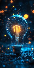 Poster - Glowing lightbulb with digital network pattern and orange light filament on dark background with bokeh effects. Concept of innovation and creative technology.