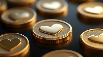 Poster - Golden coins with heart symbols arranged in rows, creating romantic financial concept with warm metallic tones and selective focus for business and love themes.