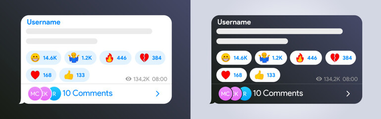 Messenger text bubble template. Telegram text message with reactions interface. Whatsapp speech box mock up. Like engagement counter. Reactions with emoji. Text blog post layout. Vector Illustration.