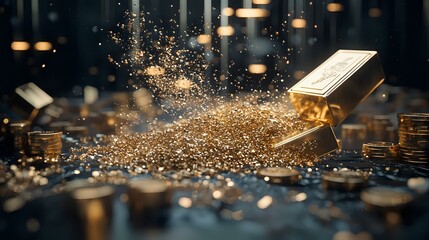 Poster - Gold bar exploding with glittering particles and scattered coins on dark background, dramatic lighting creates luxury financial concept for wealth and investment.